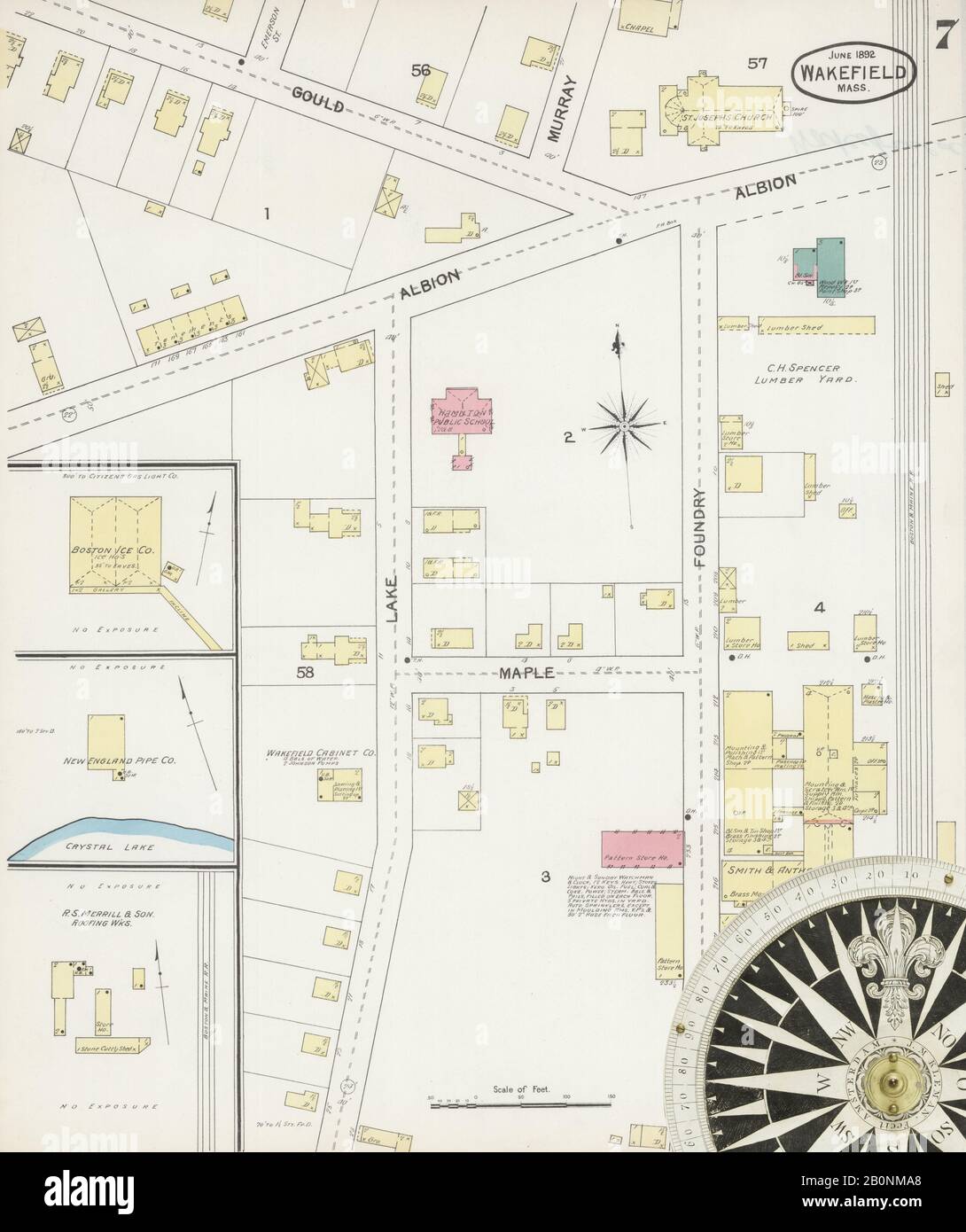 Immagine 7 Della Mappa Sanborn Fire Insurance Di Wakefield, Middlesex County, Massachusetts. Giu 1892. 7 fogli, America, mappa stradale con una bussola Del Xix Secolo Foto Stock
