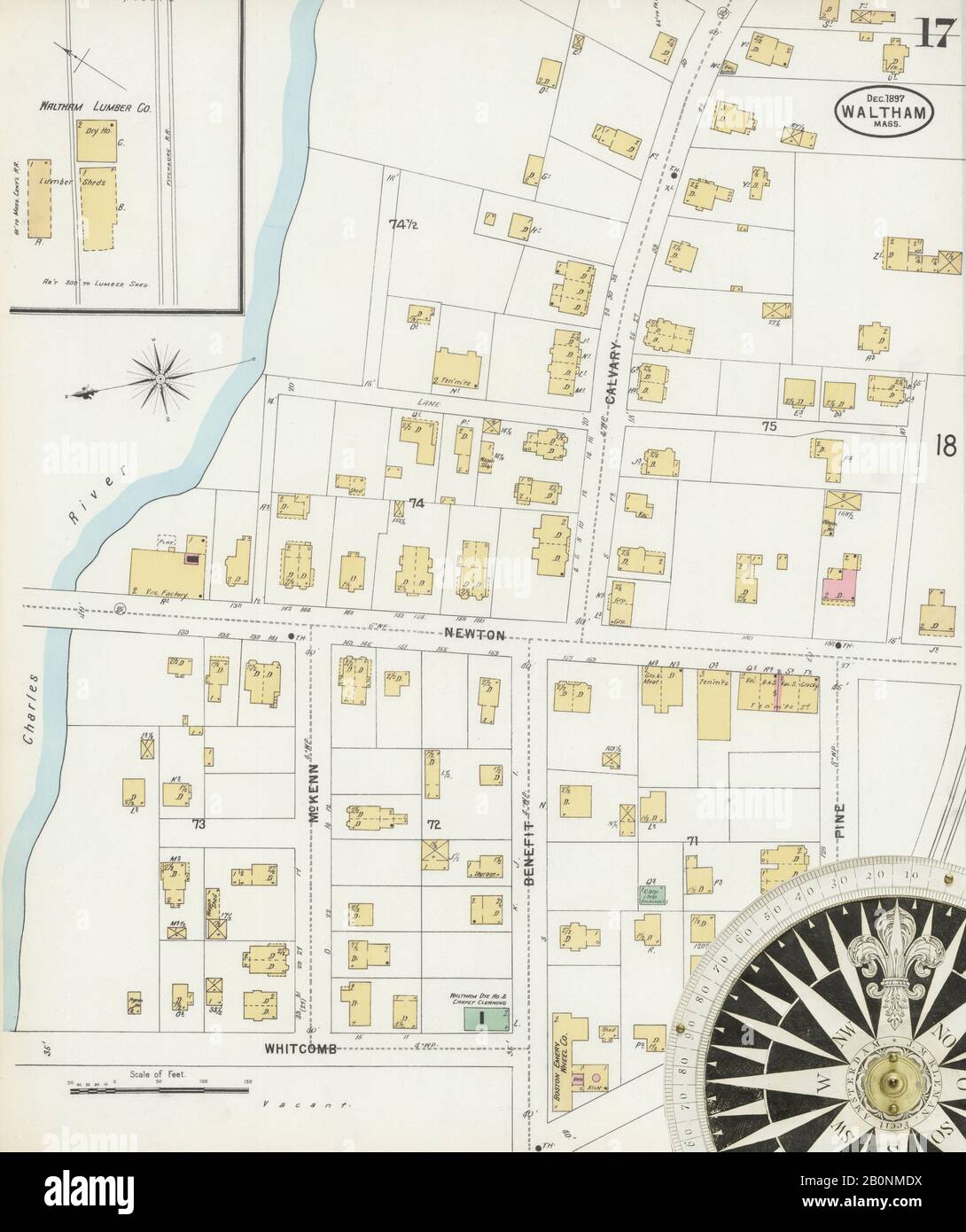 Immagine 17 Della Mappa Sanborn Fire Insurance Di Waltham, Middlesex County, Massachusetts. Dic 1897. 28 fogli, America, mappa stradale con una bussola Del Xix Secolo Foto Stock