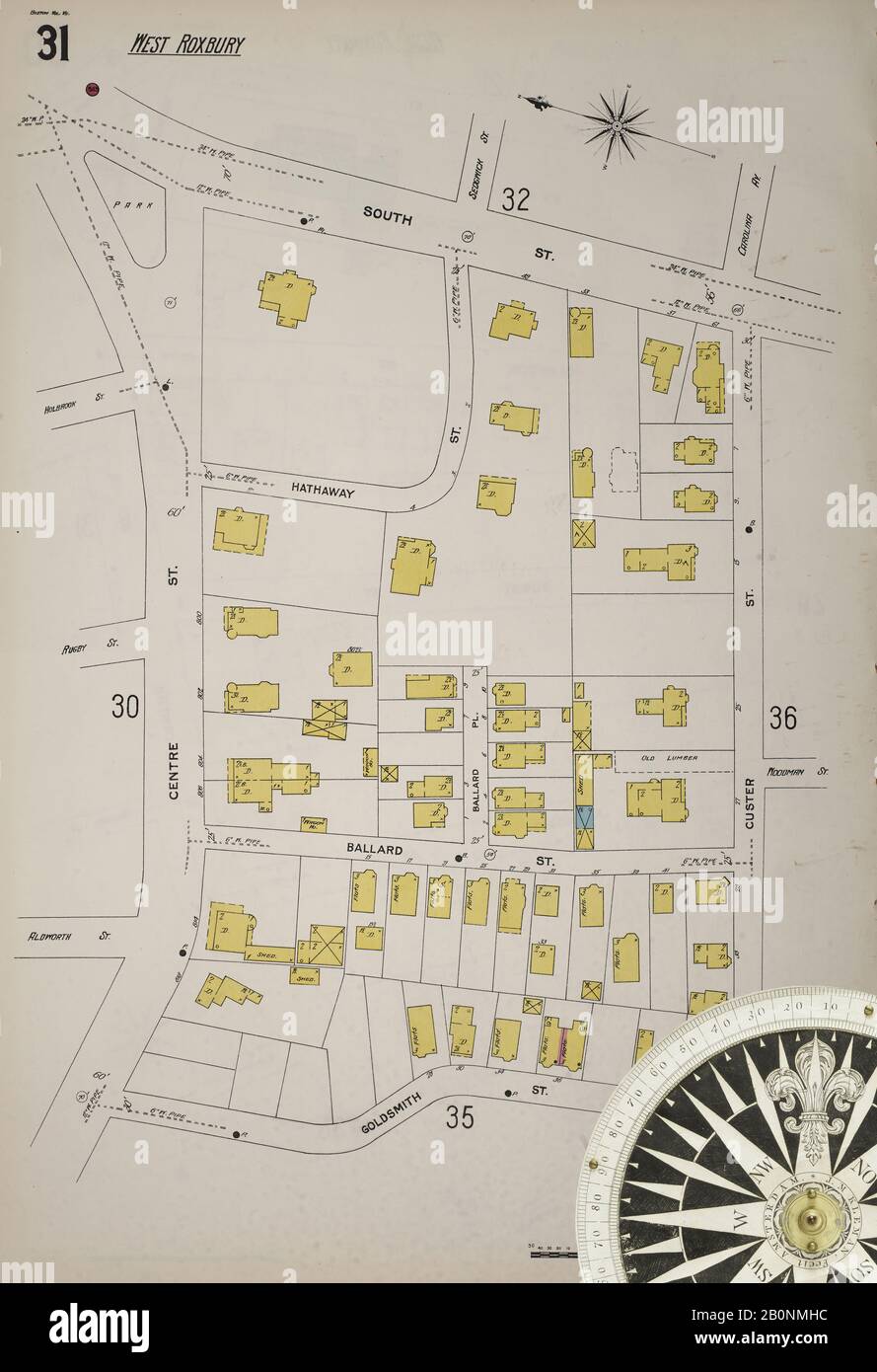 Immagine 32 Della Mappa Sanborn Fire Insurance Di Boston, Contea Di Suffolk, Massachusetts. Vol. 7, 1898. 121 fogli. Bound, America, mappa stradale con una bussola Del Xix Secolo Foto Stock