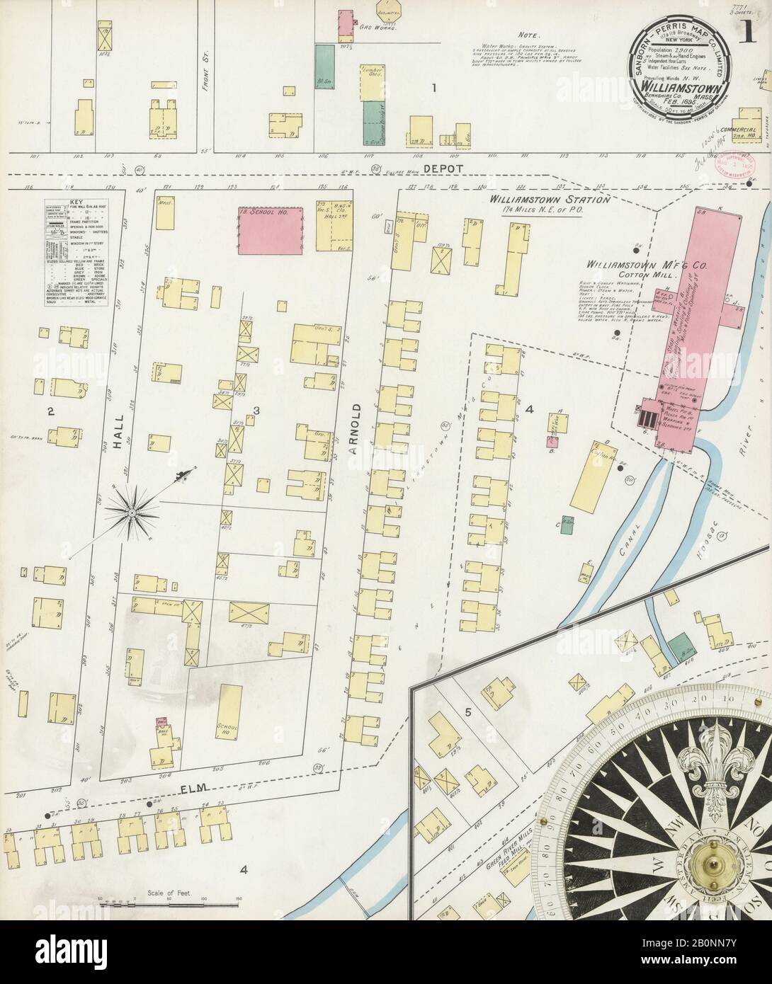 Immagine 1 Della Mappa Sanborn Fire Insurance Da Williamstown, Berkshire County, Massachusetts. Feb 1895. 3 fogli, America, mappa stradale con una bussola Del Xix Secolo Foto Stock