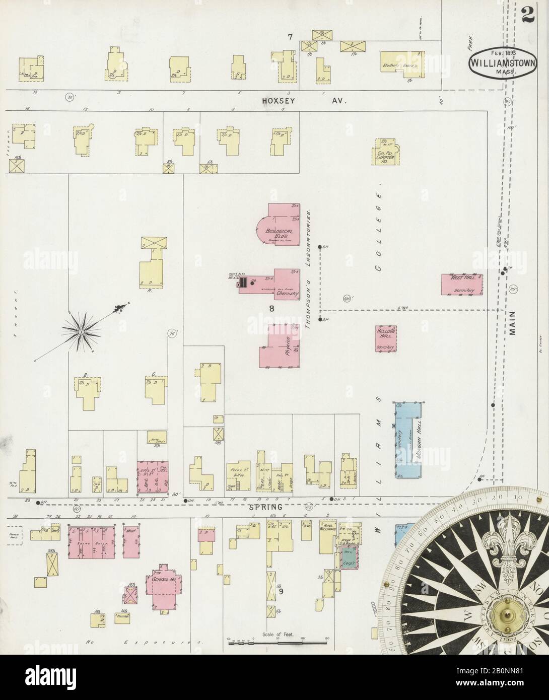 Immagine 2 Della Mappa Sanborn Fire Insurance Da Williamstown, Berkshire County, Massachusetts. Feb 1895. 3 fogli, America, mappa stradale con una bussola Del Xix Secolo Foto Stock