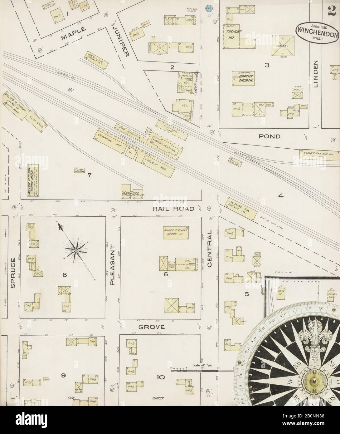 Immagine 2 Della Mappa Sanborn Fire Insurance Di Winchendon, Worcester County, Massachusetts. Apr 1885. 6 fogli, America, mappa stradale con una bussola Del Xix Secolo Foto Stock