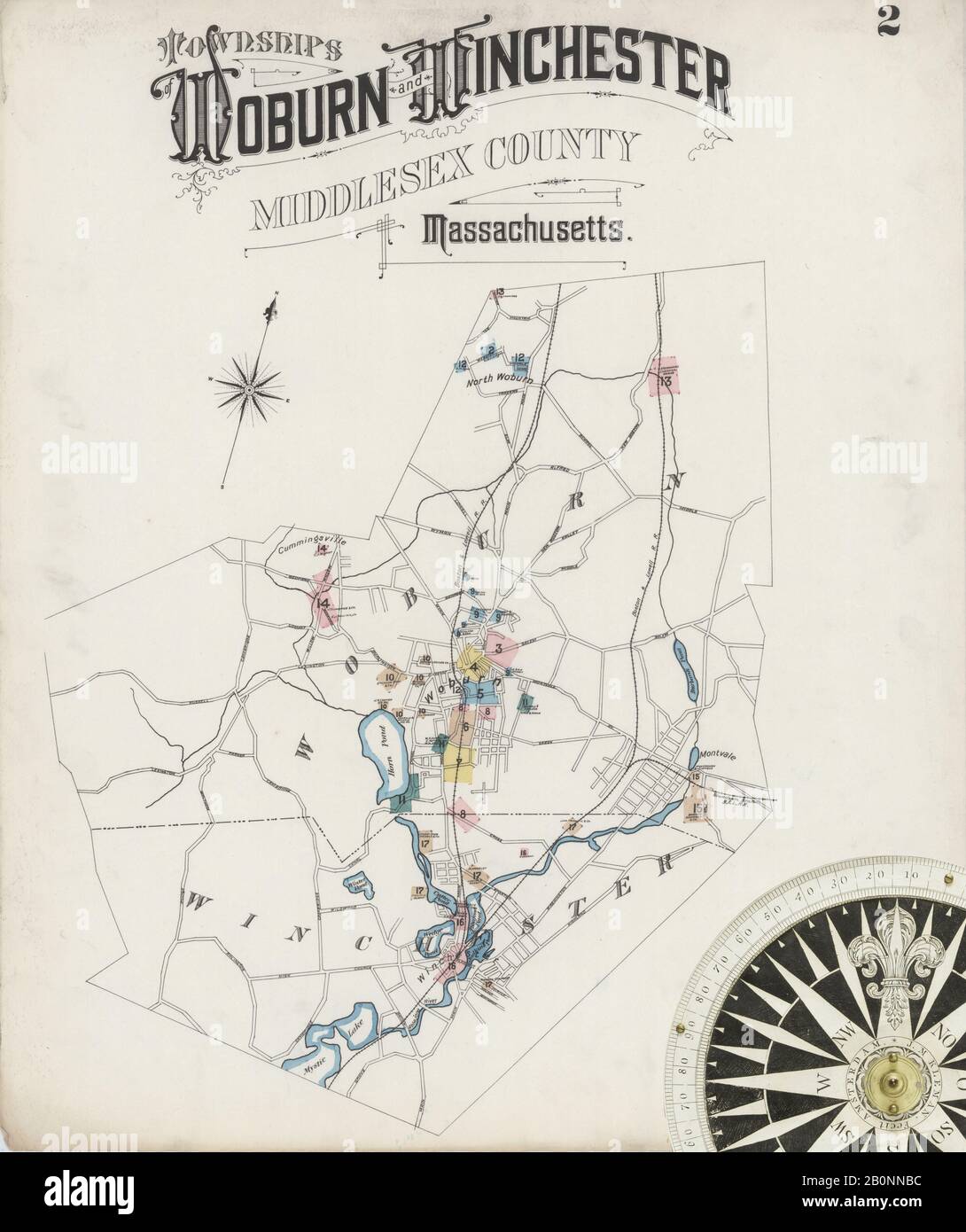 Immagine 2 Della Mappa Sanborn Fire Insurance Di Woburn, Middlesex County, Massachusetts. Feb 1888. 17 fogli, America, mappa stradale con una bussola Del Xix Secolo Foto Stock