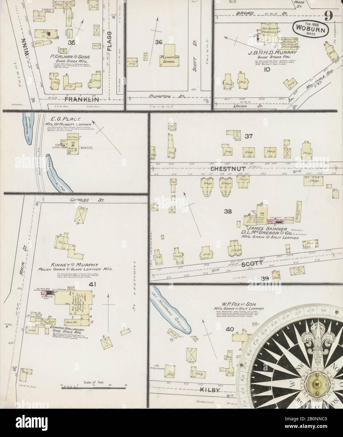 Immagine 9 Della Mappa Sanborn Fire Insurance Di Woburn, Middlesex County, Massachusetts. Feb 1888. 17 fogli, America, mappa stradale con una bussola Del Xix Secolo Foto Stock