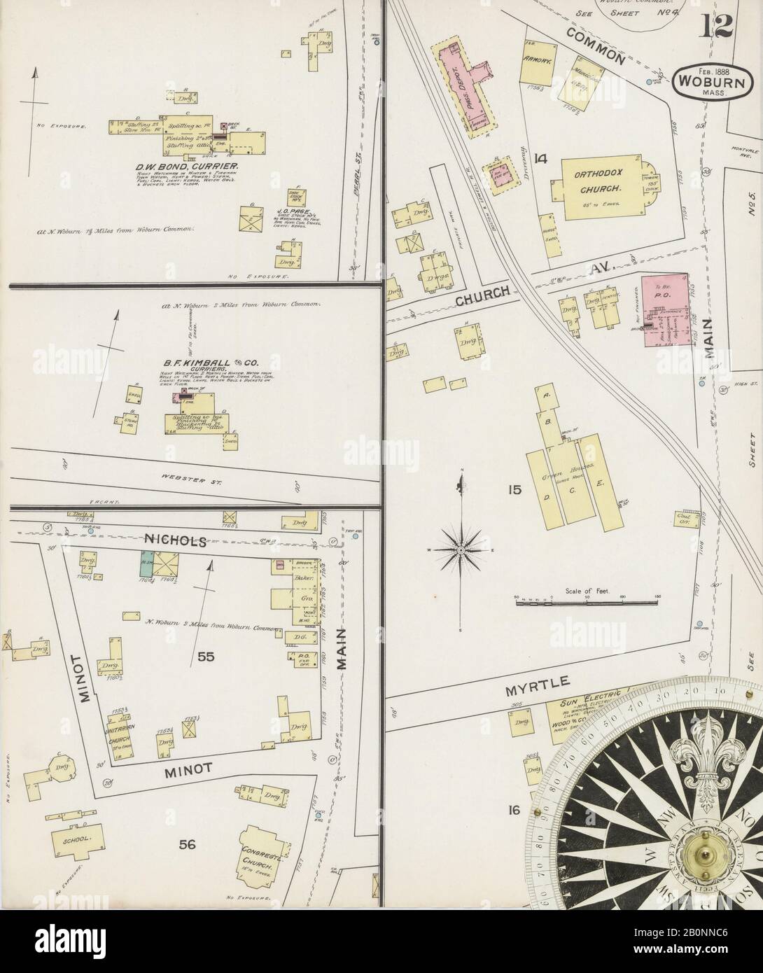 Immagine 12 Della Mappa Sanborn Fire Insurance Di Woburn, Middlesex County, Massachusetts. Feb 1888. 17 fogli, America, mappa stradale con una bussola Del Xix Secolo Foto Stock