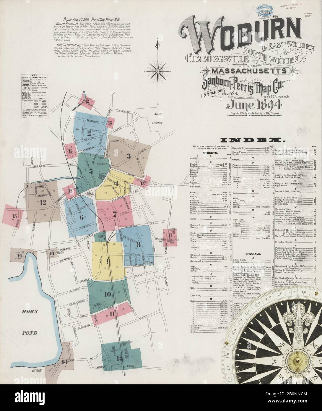 Immagine 1 Della Mappa Sanborn Fire Insurance Di Woburn, Middlesex County, Massachusetts. Giu 1894. 19 fogli. Include Cummingsville, North Woburn, East Woburn, America, mappa stradale con una bussola Del Xix Secolo Foto Stock