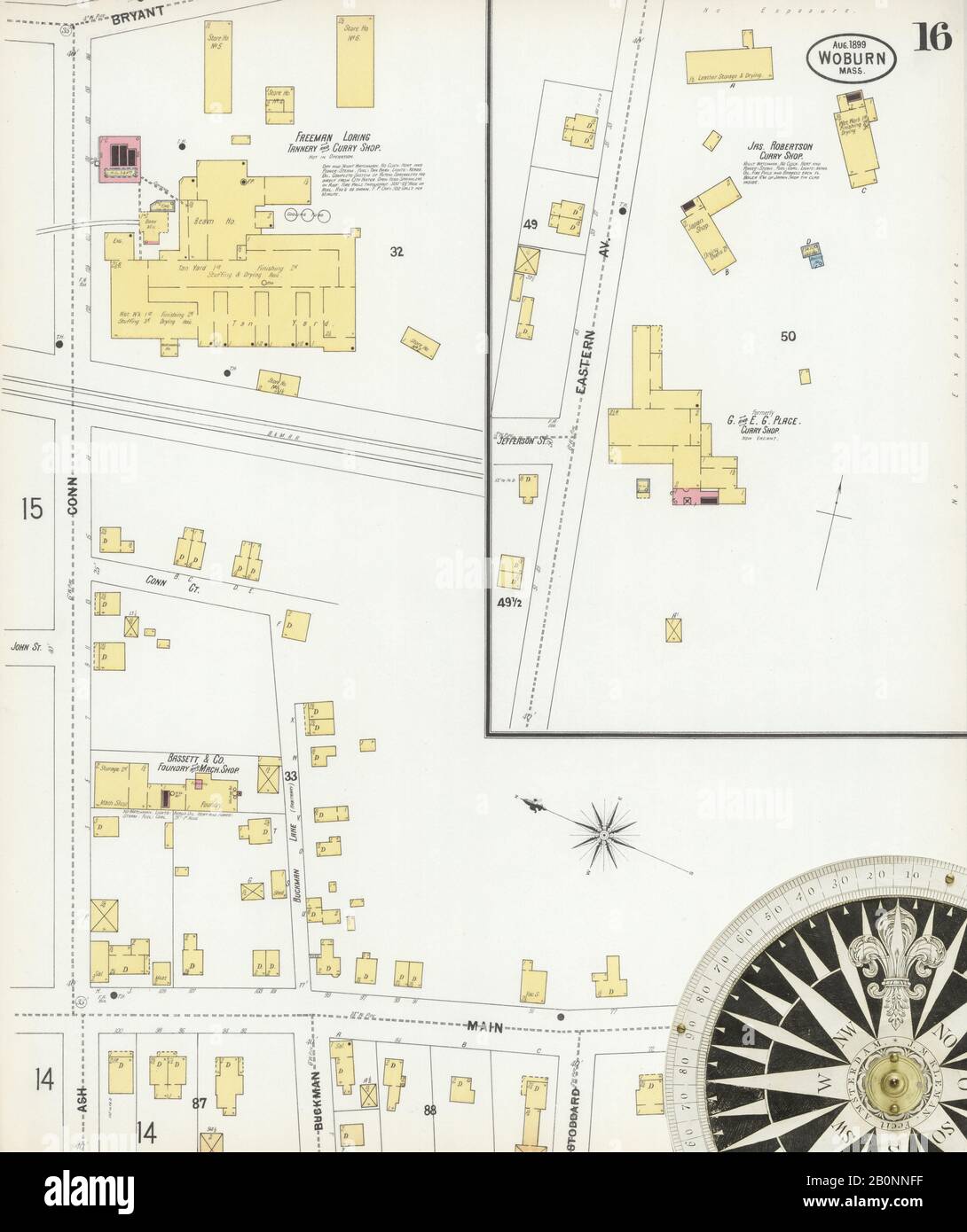 Immagine 16 Della Mappa Sanborn Fire Insurance Di Woburn, Middlesex County, Massachusetts. Ago 1899. 24 fogli. Include Cummingsville, North Woburn, East Woburn, America, mappa stradale con una bussola Del Xix Secolo Foto Stock