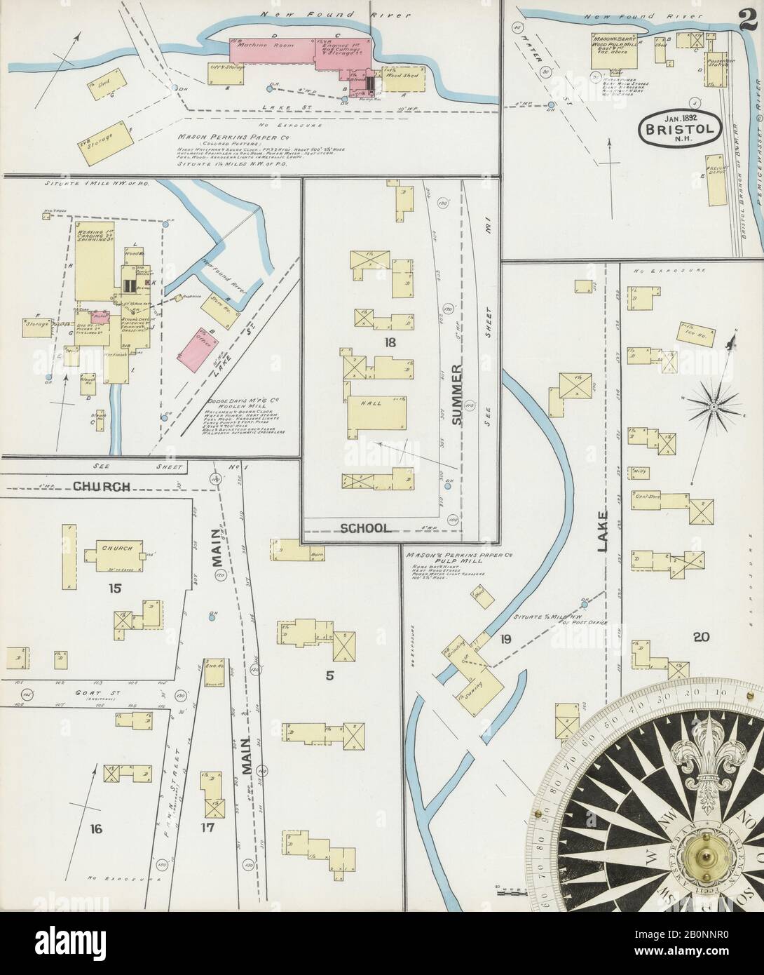 Immagine 2 Della Mappa Sanborn Fire Insurance Di Bristol, Grafton County, New Hampshire. Jan 1892. 2 fogli, America, mappa stradale con una bussola Del Xix Secolo Foto Stock
