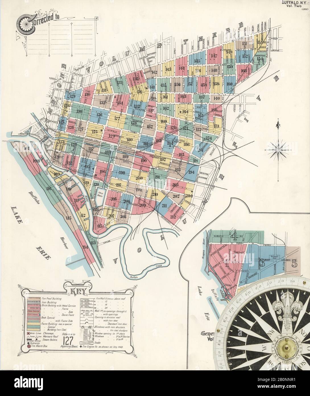 Immagine 1 Della Mappa Sanborn Fire Insurance Di Buffalo, Erie County, New York. 1899-1900 Vol. 2, 1899. 109 fogli. Mappa chiave per l'edizione. Bound, America, mappa stradale con una bussola Del Xix Secolo Foto Stock