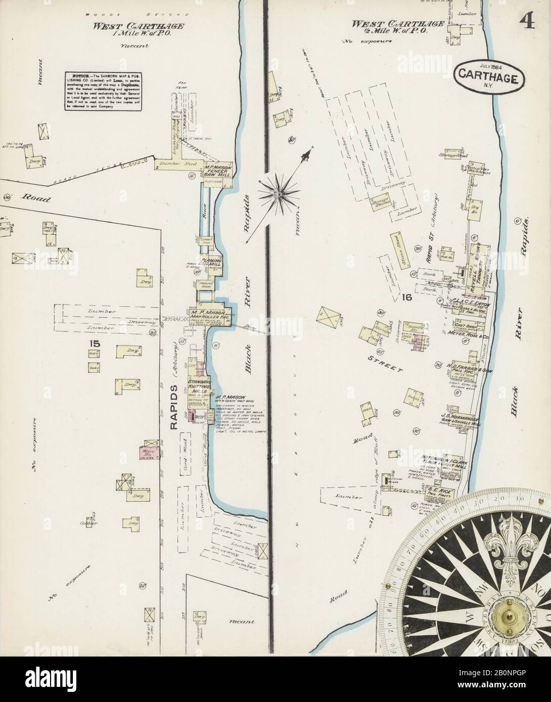 Immagine 4 Della Mappa Sanborn Fire Insurance Di Carthage, Jefferson County, New York. Lug 1884. 4 fogli, America, mappa stradale con una bussola Del Xix Secolo Foto Stock