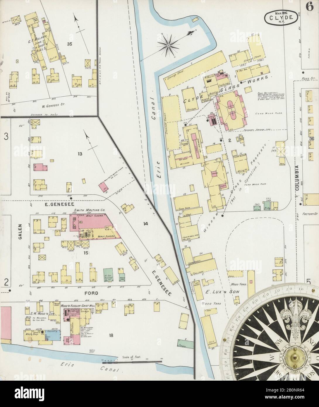 Immagine 6 Della Mappa Sanborn Fire Insurance Di Clyde, Wayne County, New York. Mar 1896. 6 fogli, America, mappa stradale con una bussola Del Xix Secolo Foto Stock