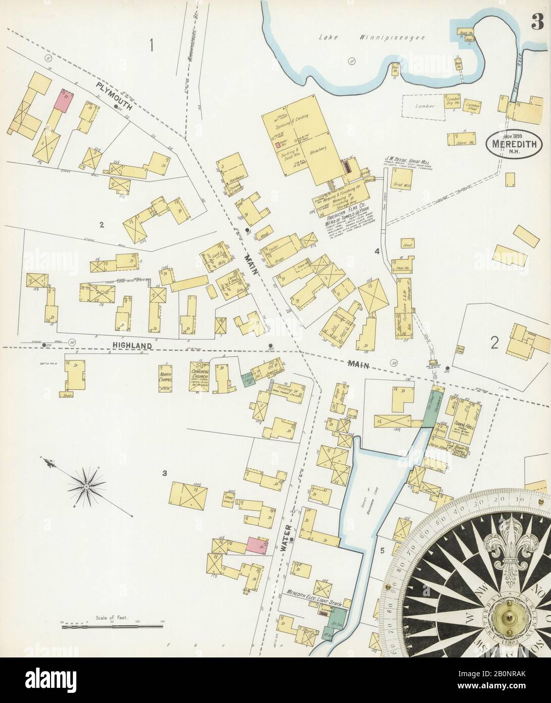 Immagine 3 Della Mappa Sanborn Fire Insurance Di Meredith, Belknap County, New Hampshire. Nov 1899. 3 fogli, America, mappa stradale con una bussola Del Xix Secolo Foto Stock