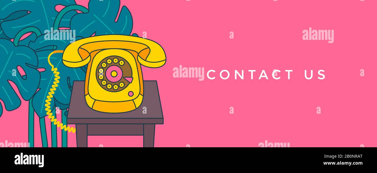 Contattaci banner. Comunicazione e concetto di servizio clienti. Vintage telefono su un tavolo e Monstera pianta in background. Illustrazione del vettore. Illustrazione Vettoriale