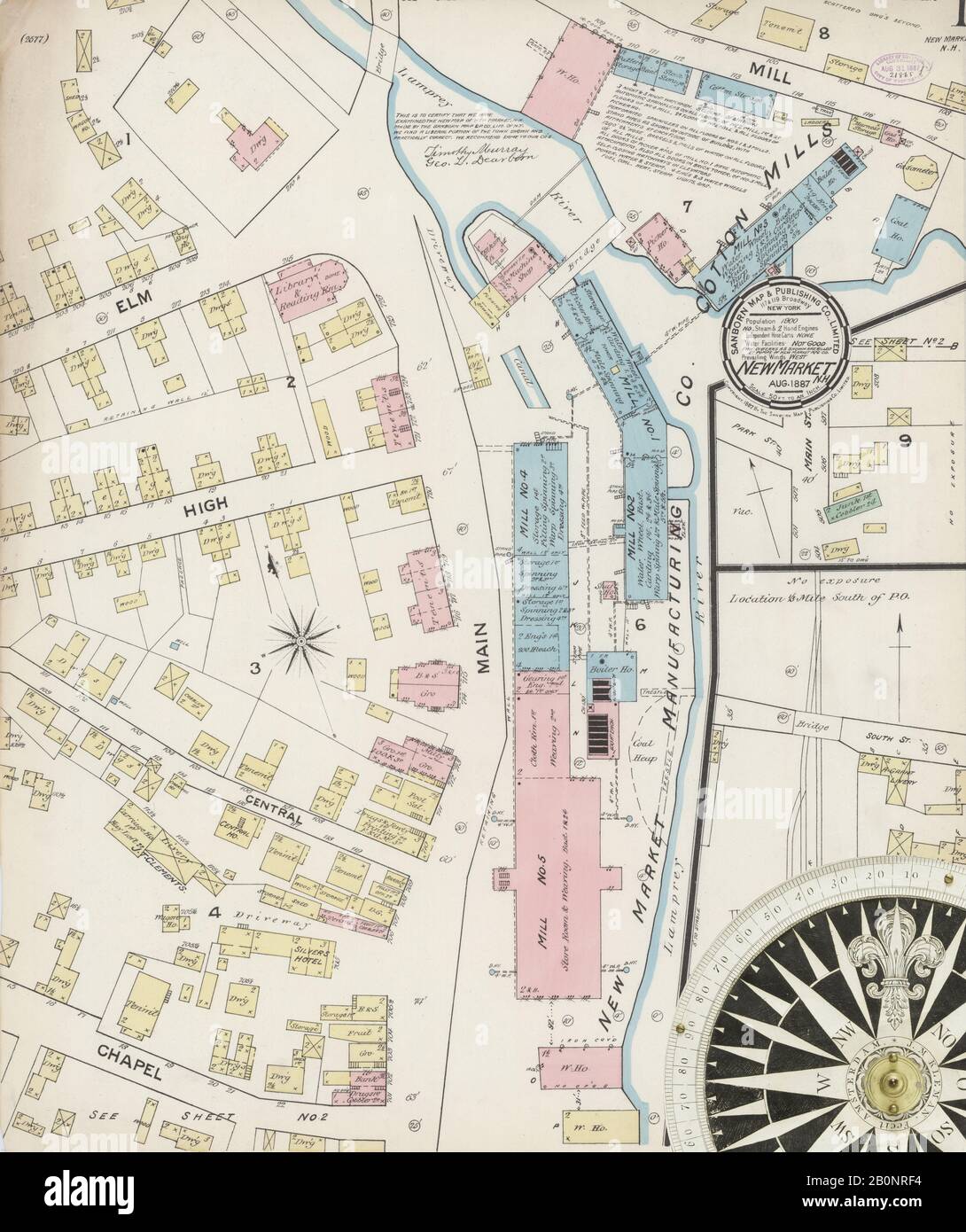 Immagine 1 Della Mappa Sanborn Fire Insurance Dal New Market, Rockingham County, New Hampshire. Ago 1887. 2 fogli, America, mappa stradale con una bussola Del Xix Secolo Foto Stock