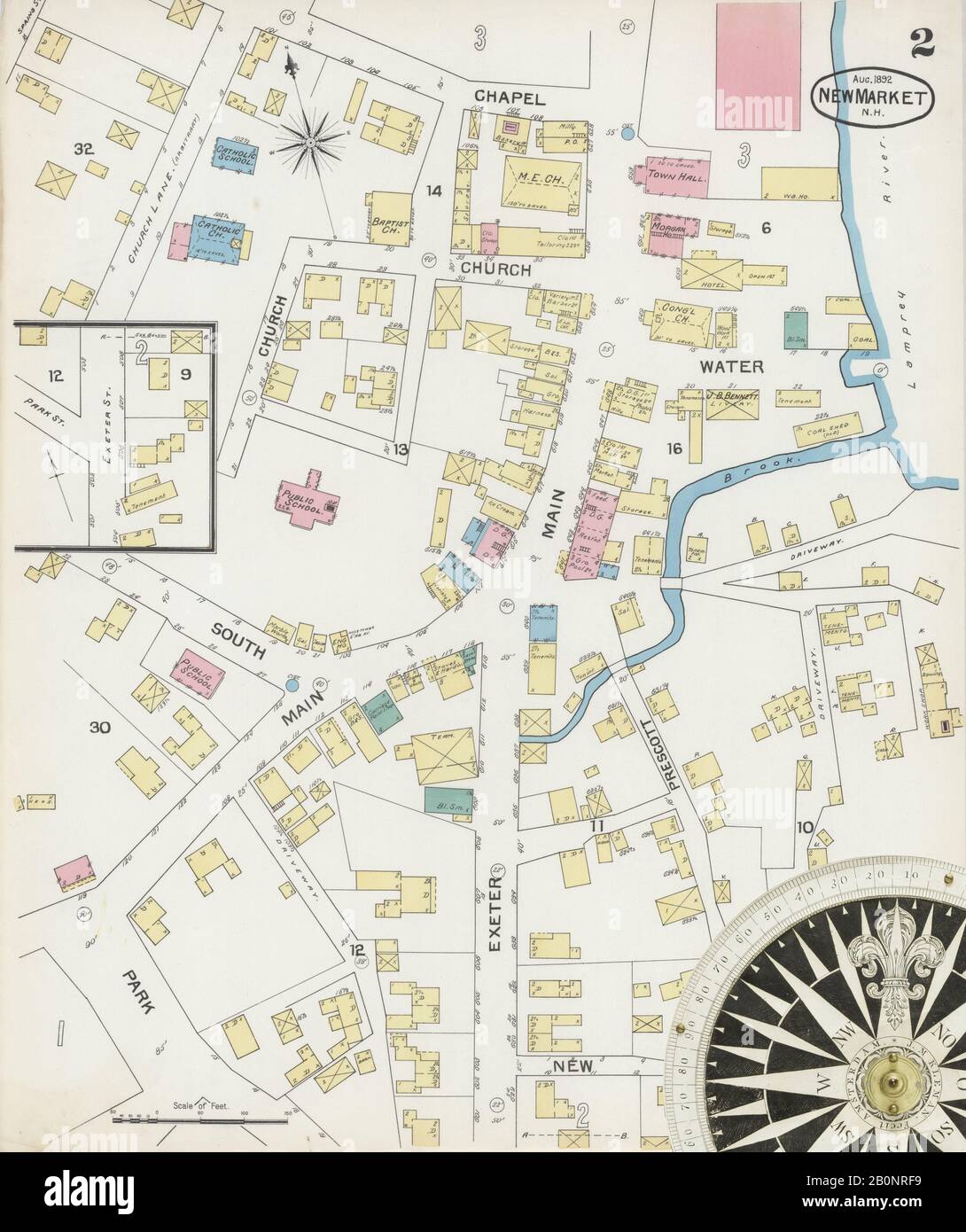 Immagine 2 Della Mappa Sanborn Fire Insurance Dal New Market, Rockingham County, New Hampshire. Ago 1892. 3 fogli, America, mappa stradale con una bussola Del Xix Secolo Foto Stock