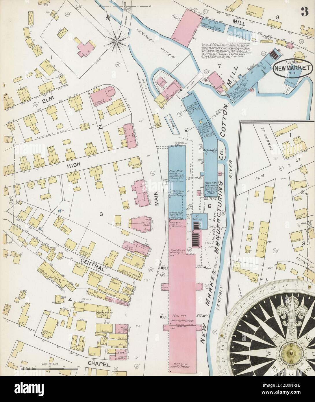 Immagine 3 Della Mappa Sanborn Fire Insurance Dal New Market, Rockingham County, New Hampshire. Ago 1892. 3 fogli, America, mappa stradale con una bussola Del Xix Secolo Foto Stock