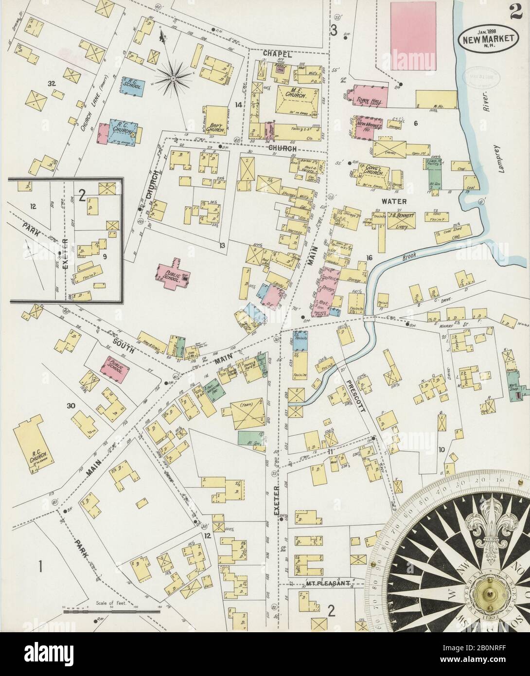 Immagine 2 Della Mappa Sanborn Fire Insurance Dal New Market, Rockingham County, New Hampshire. Gen 1898. 3 fogli, America, mappa stradale con una bussola Del Xix Secolo Foto Stock