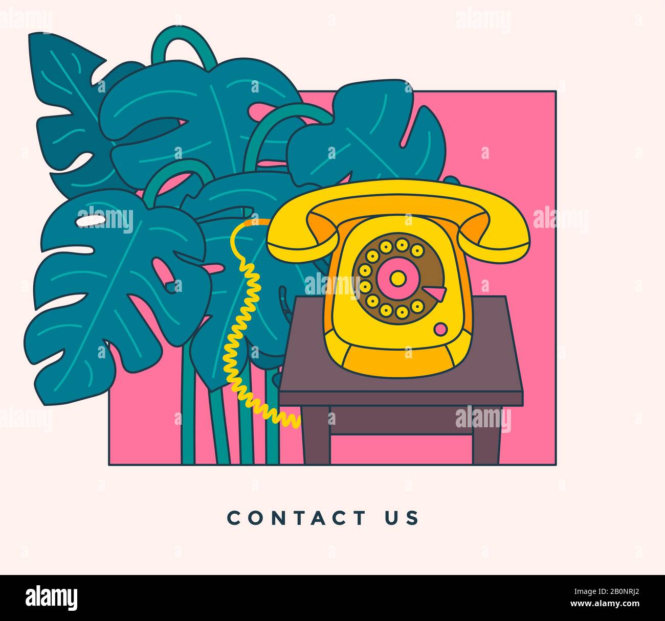 Contattaci banner. Comunicazione e concetto di servizio clienti. Vintage telefono su un tavolo e Monstera pianta in background. Illustrazione del vettore. Illustrazione Vettoriale