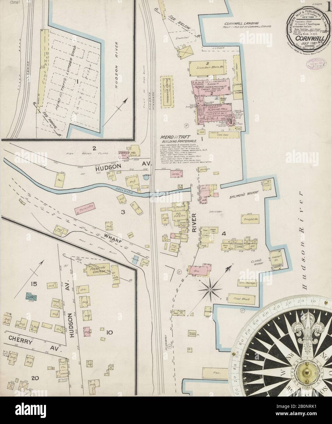 Immagine 1 Della Mappa Sanborn Fire Insurance Di Cornwall, Orange County, New York. Lug 1887. 4 fogli, America, mappa stradale con una bussola Del Xix Secolo Foto Stock