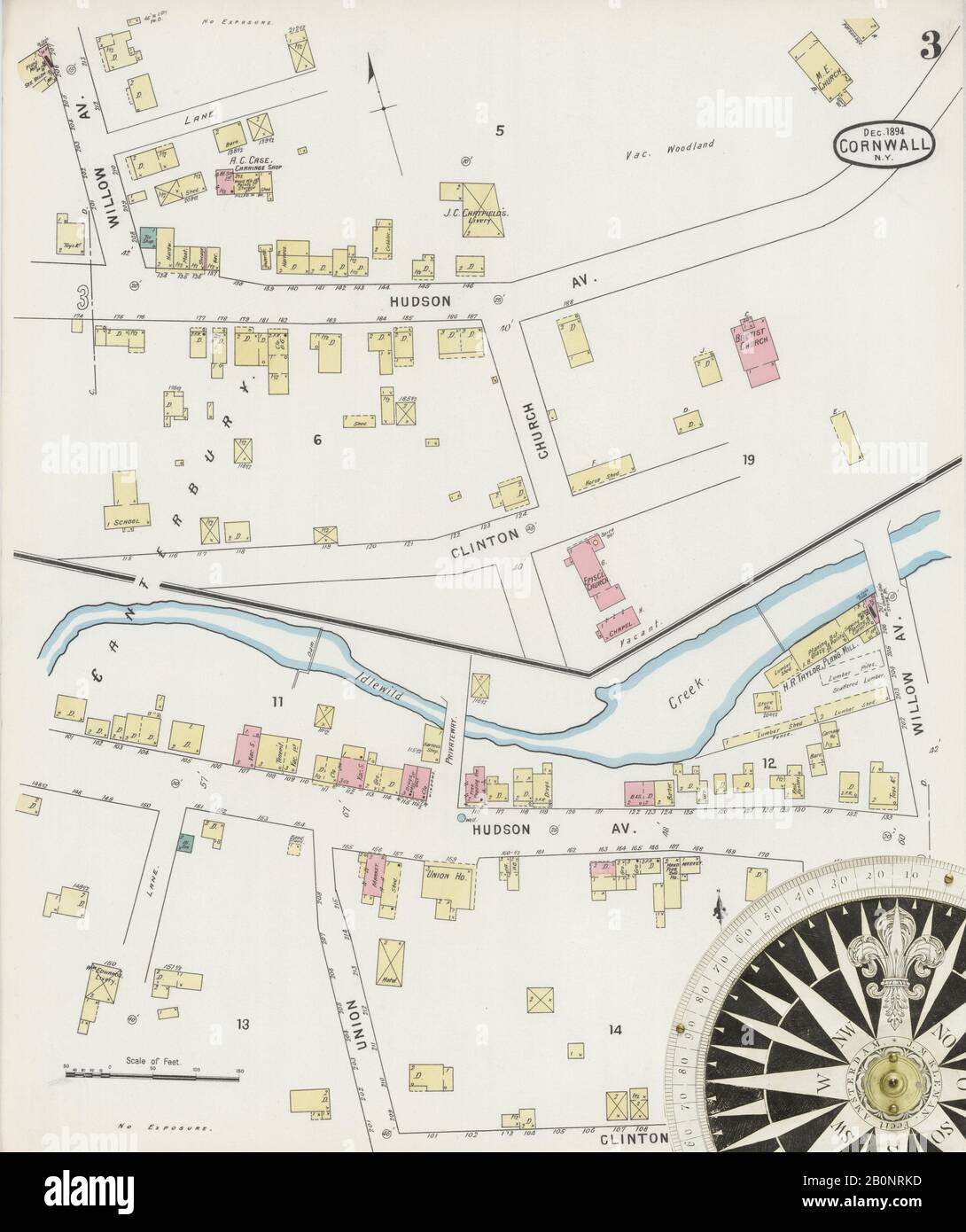 Immagine 3 Della Mappa Sanborn Fire Insurance Di Cornwall, Orange County, New York. Dic 1894. 4 fogli, America, mappa stradale con una bussola Del Xix Secolo Foto Stock