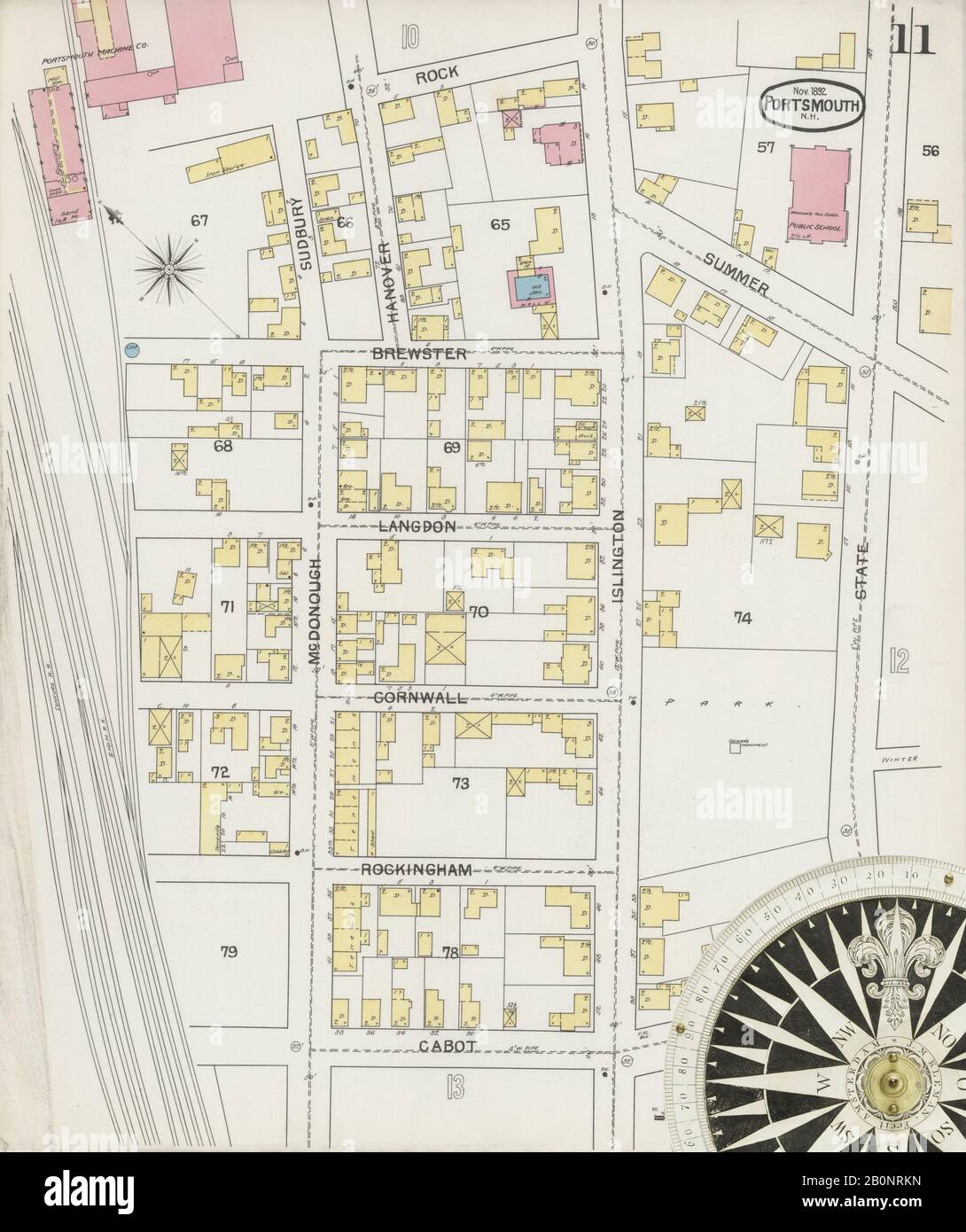 Immagine 11 Della Mappa Sanborn Fire Insurance Di Portsmouth, Rockingham County, New Hampshire. Nov 1892. 14 fogli, America, mappa stradale con una bussola Del Xix Secolo Foto Stock