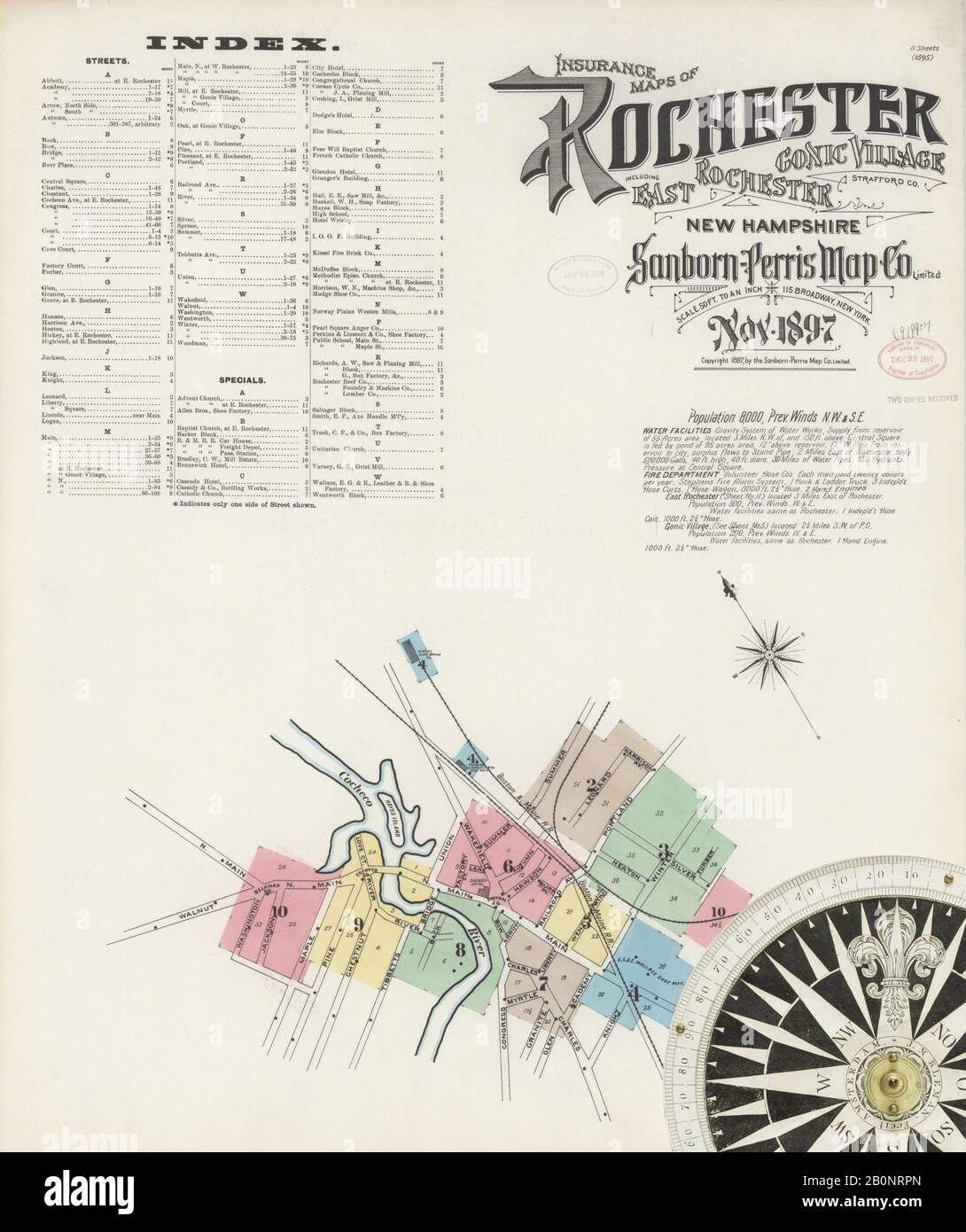 Immagine 1 Della Mappa Sanborn Fire Insurance Di Rochester, Strafford County, New Hampshire. Nov 1897. 11 fogli. Include East Rochester, Gonic Village, America, mappa stradale con una bussola Del Xix Secolo Foto Stock