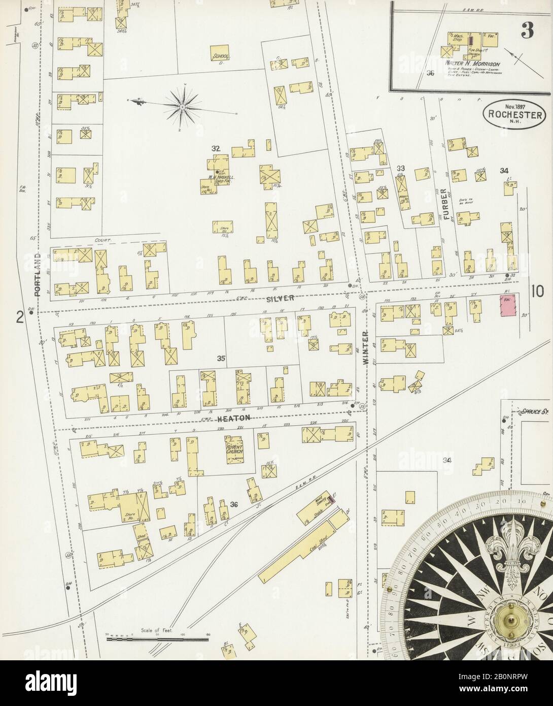 Immagine 3 Della Mappa Sanborn Fire Insurance Di Rochester, Strafford County, New Hampshire. Nov 1897. 11 fogli. Include East Rochester, Gonic Village, America, mappa stradale con una bussola Del Xix Secolo Foto Stock