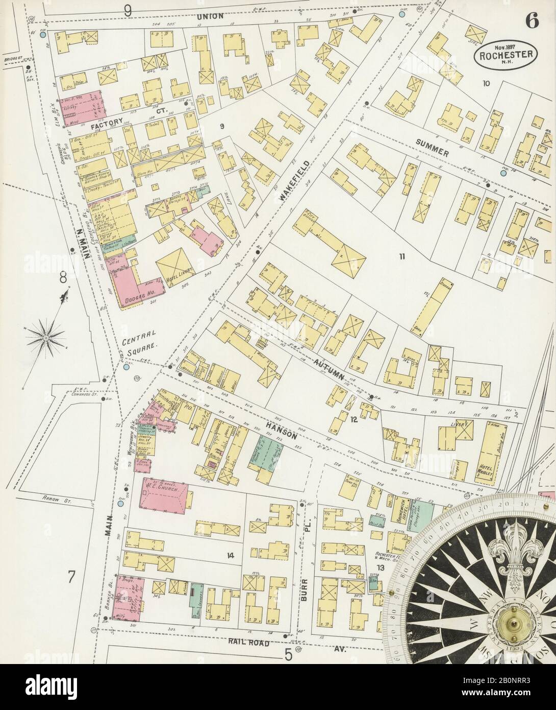Immagine 6 Della Mappa Sanborn Fire Insurance Di Rochester, Strafford County, New Hampshire. Nov 1897. 11 fogli. Include East Rochester, Gonic Village, America, mappa stradale con una bussola Del Xix Secolo Foto Stock