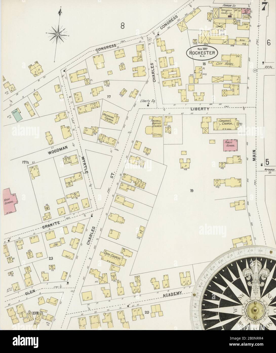 Immagine 7 Della Mappa Sanborn Fire Insurance Di Rochester, Strafford County, New Hampshire. Nov 1897. 11 fogli. Include East Rochester, Gonic Village, America, mappa stradale con una bussola Del Xix Secolo Foto Stock