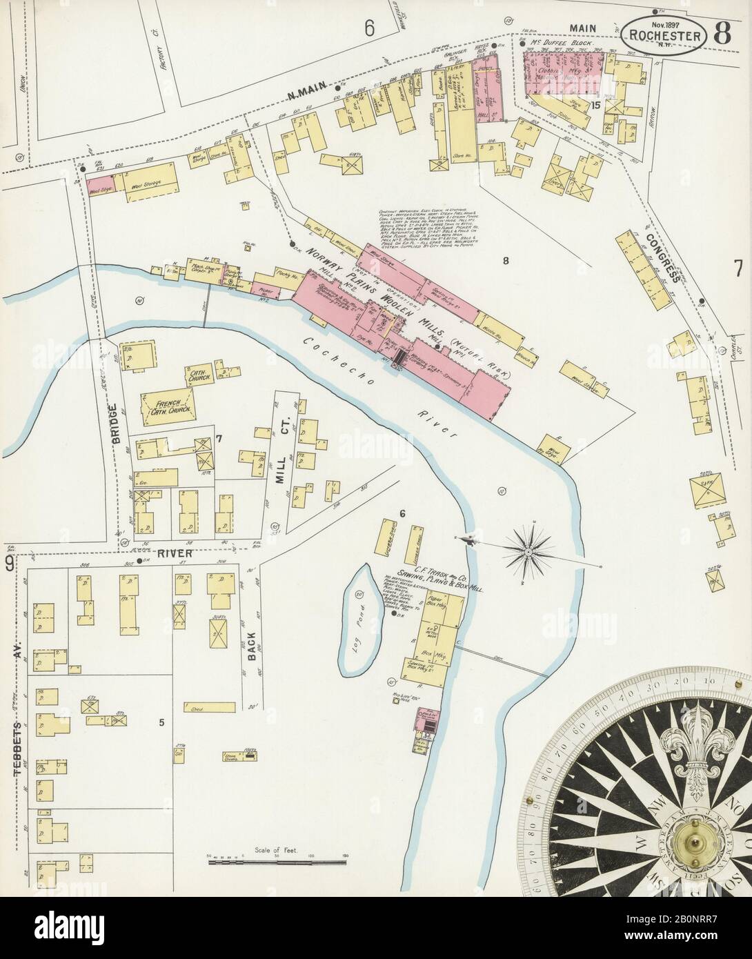 Immagine 8 Della Mappa Sanborn Fire Insurance Di Rochester, Strafford County, New Hampshire. Nov 1897. 11 fogli. Include East Rochester, Gonic Village, America, mappa stradale con una bussola Del Xix Secolo Foto Stock
