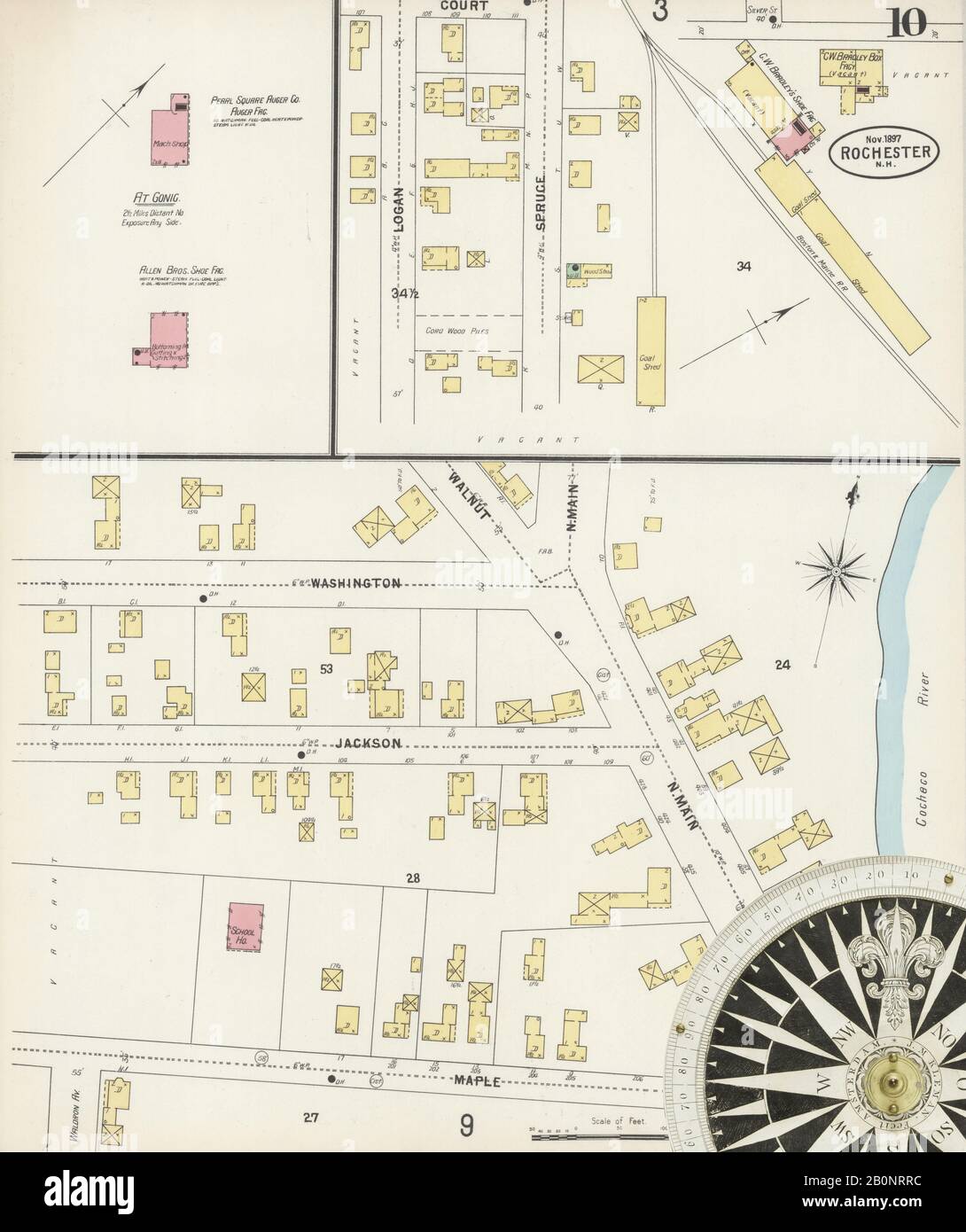 Immagine 10 Della Mappa Sanborn Fire Insurance Di Rochester, Strafford County, New Hampshire. Nov 1897. 11 fogli. Include East Rochester, Gonic Village, America, mappa stradale con una bussola Del Xix Secolo Foto Stock