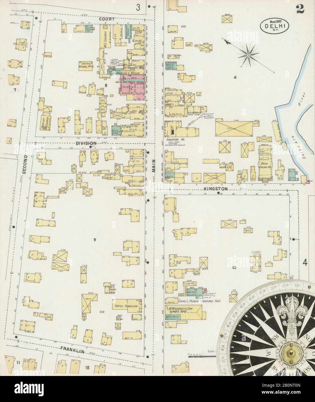 Immagine 2 Della Mappa Sanborn Fire Insurance Da Delhi, Delaware County, New York. Mar 1897. 4 fogli, America, mappa stradale con una bussola Del Xix Secolo Foto Stock