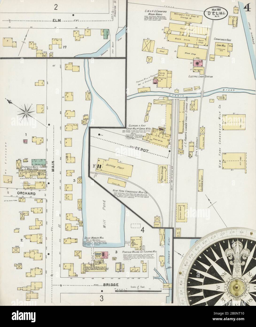 Immagine 4 Della Mappa Sanborn Fire Insurance Da Delhi, Delaware County, New York. Mar 1897. 4 fogli, America, mappa stradale con una bussola Del Xix Secolo Foto Stock