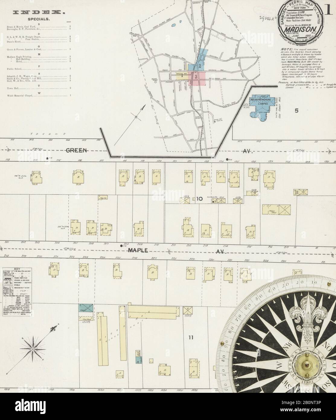Immagine 1 Della Mappa Sanborn Fire Insurance Di Madison, Morris County, New Jersey. Giu 1892. 3 fogli, America, mappa stradale con una bussola Del Xix Secolo Foto Stock