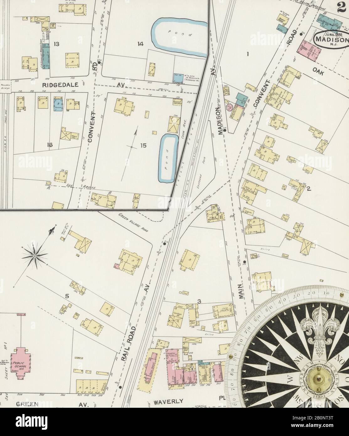 Immagine 2 Della Mappa Sanborn Fire Insurance Di Madison, Morris County, New Jersey. Giu 1892. 3 fogli, America, mappa stradale con una bussola Del Xix Secolo Foto Stock