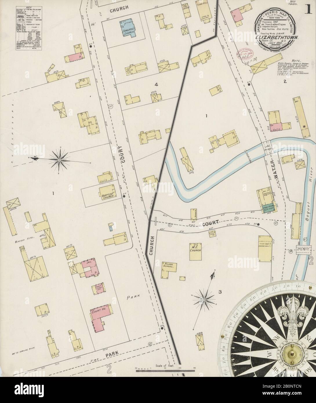 Immagine 1 Della Mappa Sanborn Fire Insurance Di Elizabethtown, Essex County, New York. Lug 1895. 2 fogli, America, mappa stradale con una bussola Del Xix Secolo Foto Stock