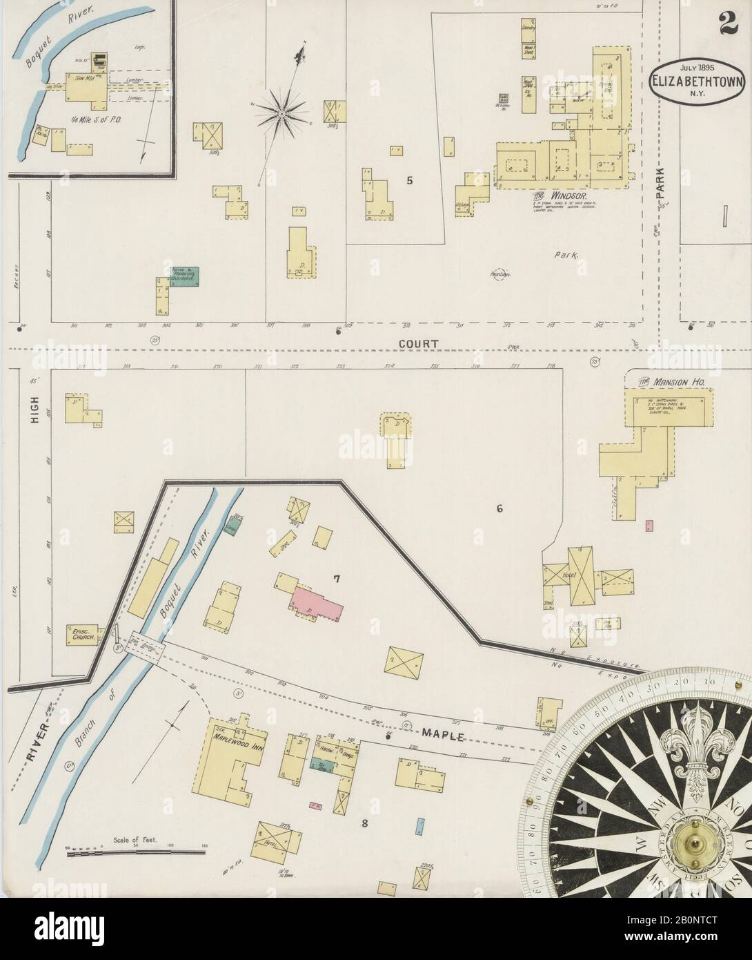 Immagine 2 Della Mappa Sanborn Fire Insurance Di Elizabethtown, Essex County, New York. Lug 1895. 2 fogli, America, mappa stradale con una bussola Del Xix Secolo Foto Stock