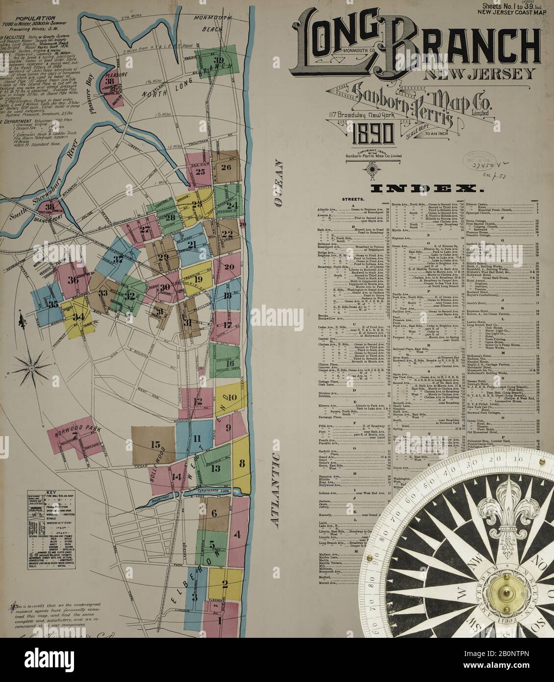 Immagine 2 Della Mappa Sanborn Fire Insurance Dal New Jersey Coast, New Jersey Coast, New Jersey. 1890 Vol. 1. 56 fogli. Include Atlantic Highlands, Seaside, Navesink-Highlands, Highland Beach, Sea Bright, Monmouth Beach, North Long Branch, Long Branch. Bound, America, mappa stradale con una bussola Del Xix Secolo Foto Stock