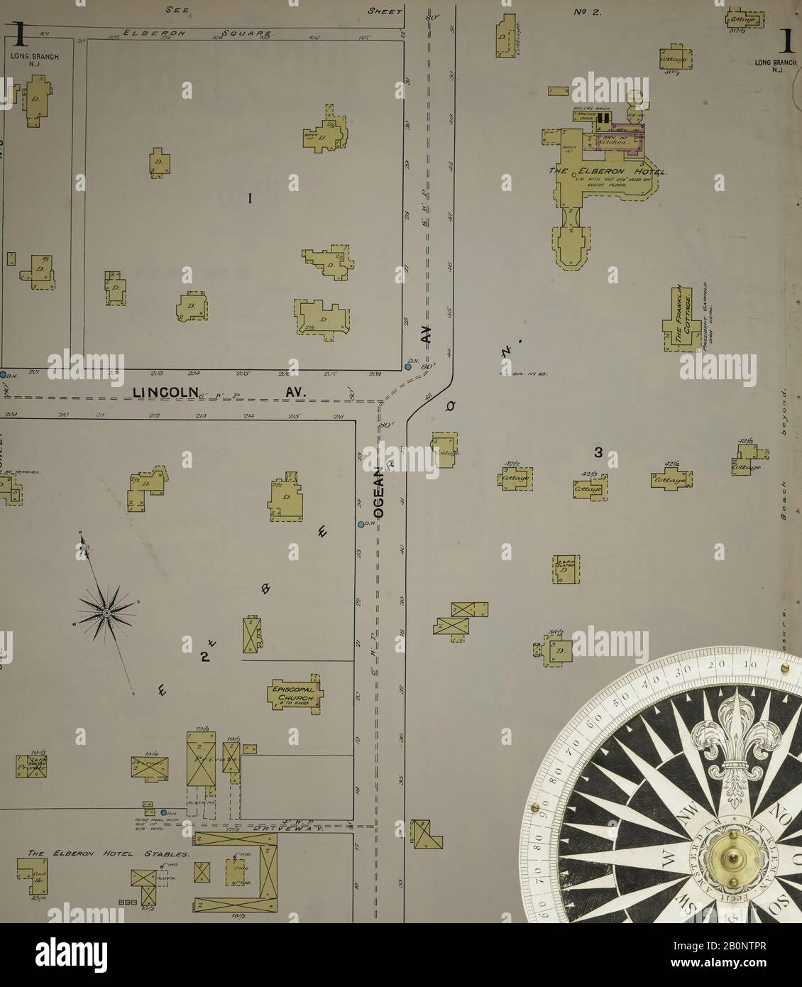 Immagine 3 Della Mappa Sanborn Fire Insurance Dal New Jersey Coast, New Jersey Coast, New Jersey. 1890 Vol. 1. 56 fogli. Include Atlantic Highlands, Seaside, Navesink-Highlands, Highland Beach, Sea Bright, Monmouth Beach, North Long Branch, Long Branch. Bound, America, mappa stradale con una bussola Del Xix Secolo Foto Stock