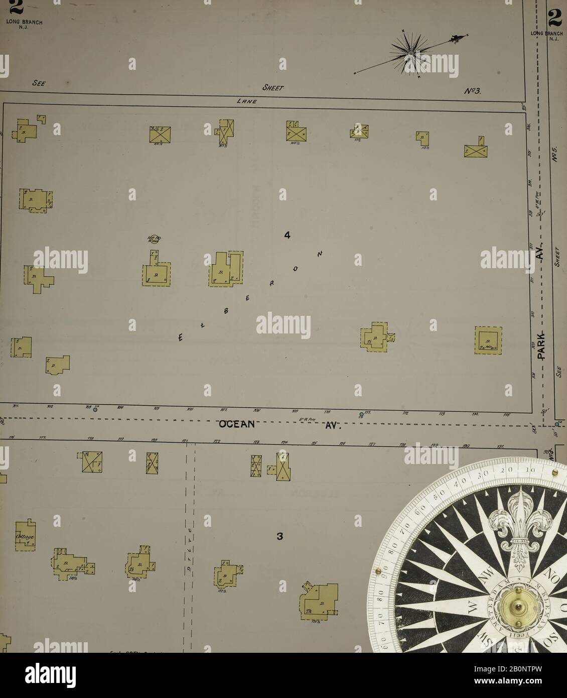 Immagine 4 Della Mappa Sanborn Fire Insurance Dal New Jersey Coast, New Jersey Coast, New Jersey. 1890 Vol. 1. 56 fogli. Include Atlantic Highlands, Seaside, Navesink-Highlands, Highland Beach, Sea Bright, Monmouth Beach, North Long Branch, Long Branch. Bound, America, mappa stradale con una bussola Del Xix Secolo Foto Stock