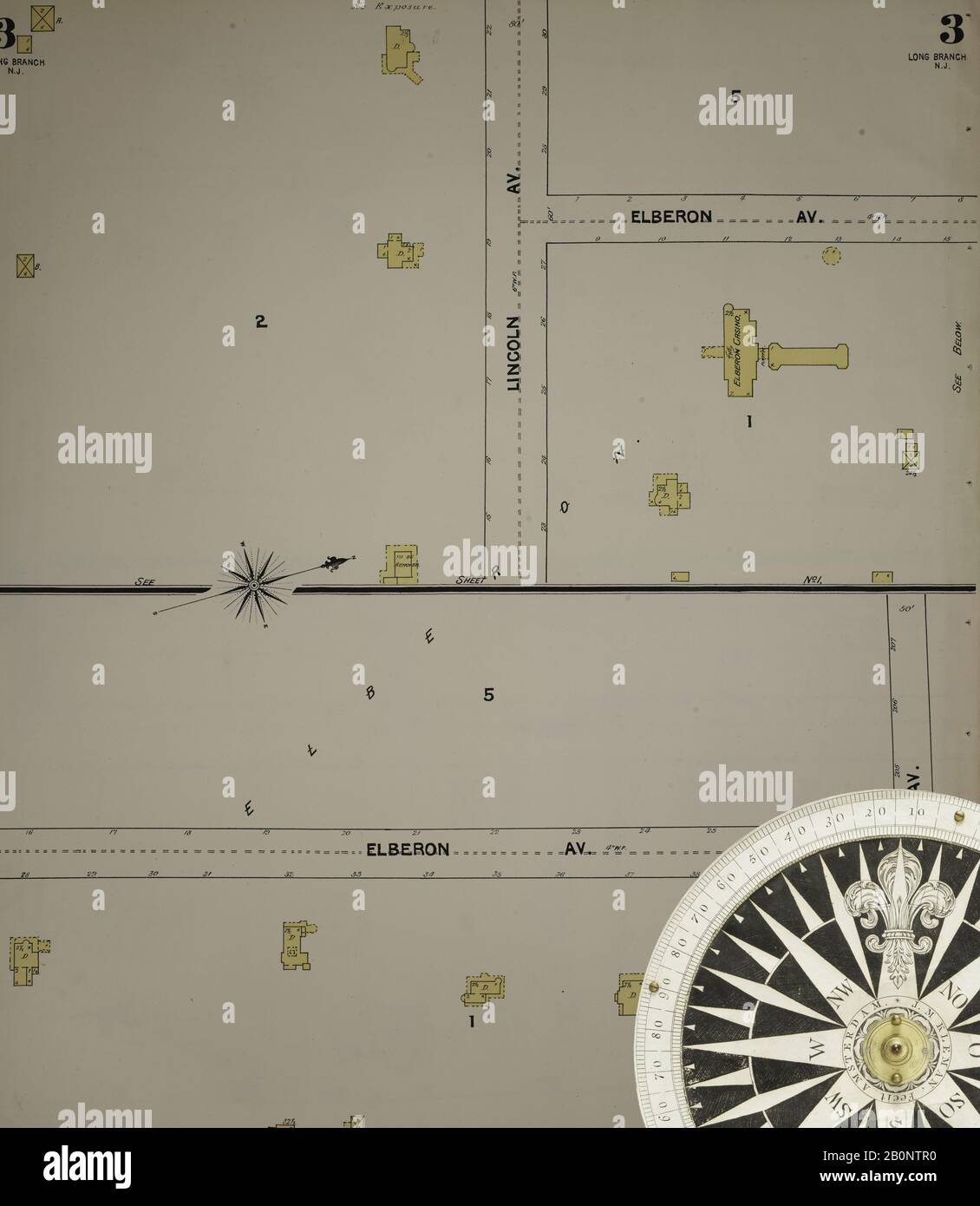 Immagine 5 Della Mappa Sanborn Fire Insurance Dal New Jersey Coast, New Jersey Coast, New Jersey. 1890 Vol. 1. 56 fogli. Include Atlantic Highlands, Seaside, Navesink-Highlands, Highland Beach, Sea Bright, Monmouth Beach, North Long Branch, Long Branch. Bound, America, mappa stradale con una bussola Del Xix Secolo Foto Stock