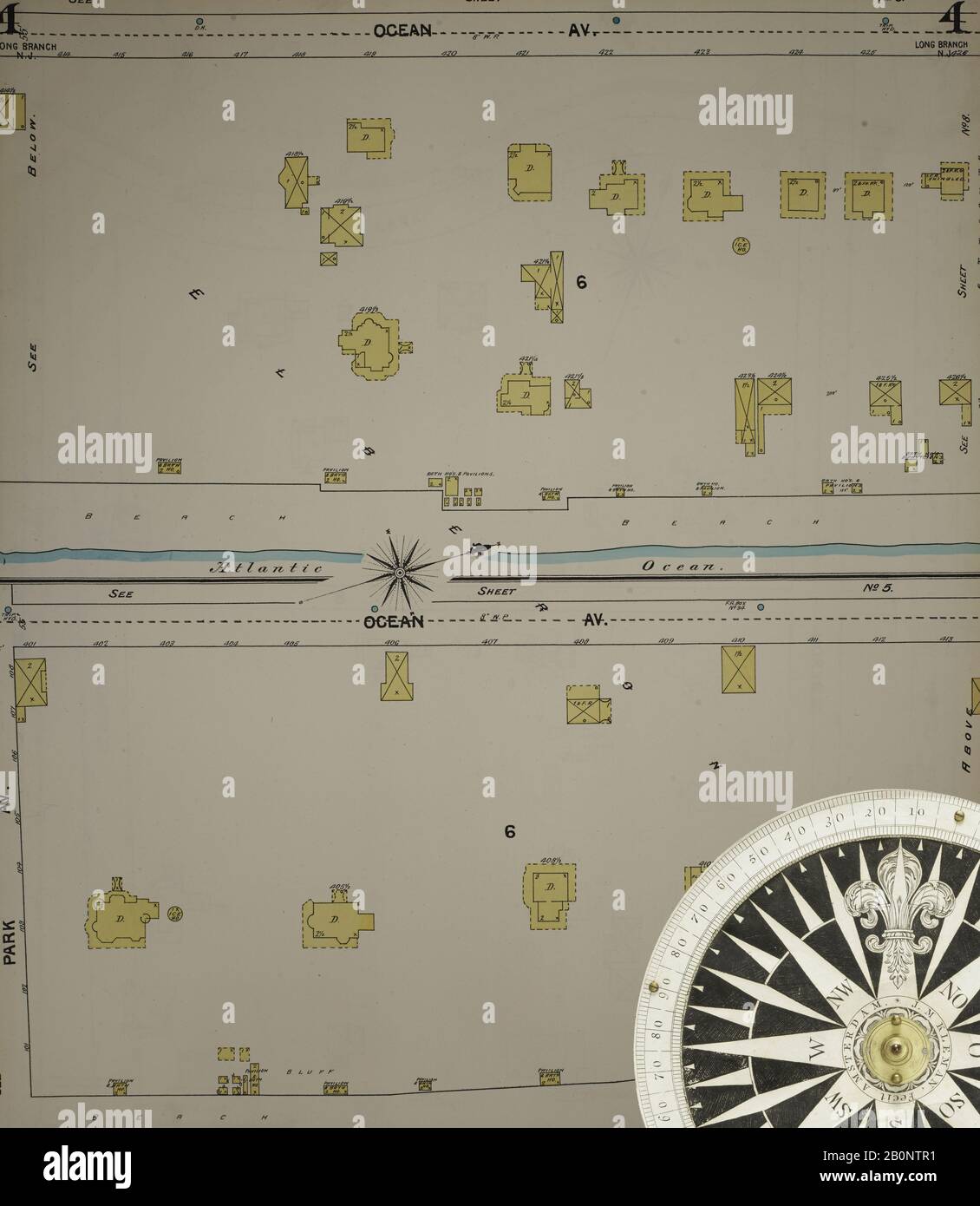 Immagine 6 Della Mappa Sanborn Fire Insurance Dal New Jersey Coast, New Jersey Coast, New Jersey. 1890 Vol. 1. 56 fogli. Include Atlantic Highlands, Seaside, Navesink-Highlands, Highland Beach, Sea Bright, Monmouth Beach, North Long Branch, Long Branch. Bound, America, mappa stradale con una bussola Del Xix Secolo Foto Stock