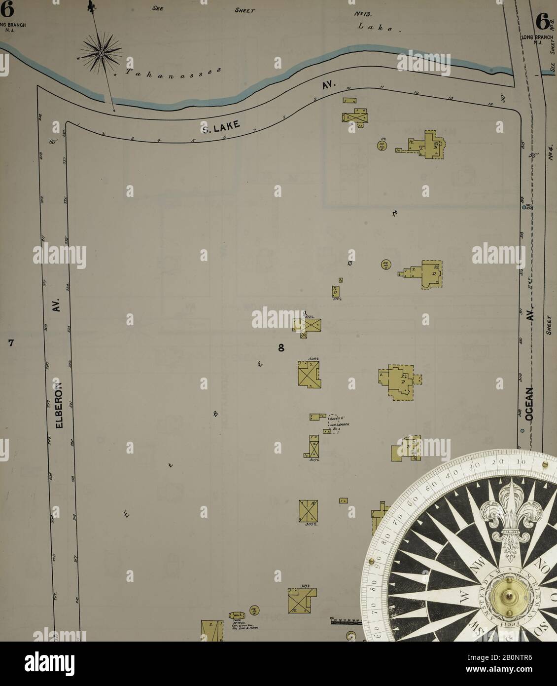 Immagine 8 Della Mappa Sanborn Fire Insurance Dal New Jersey Coast, New Jersey Coast, New Jersey. 1890 Vol. 1. 56 fogli. Include Atlantic Highlands, Seaside, Navesink-Highlands, Highland Beach, Sea Bright, Monmouth Beach, North Long Branch, Long Branch. Bound, America, mappa stradale con una bussola Del Xix Secolo Foto Stock