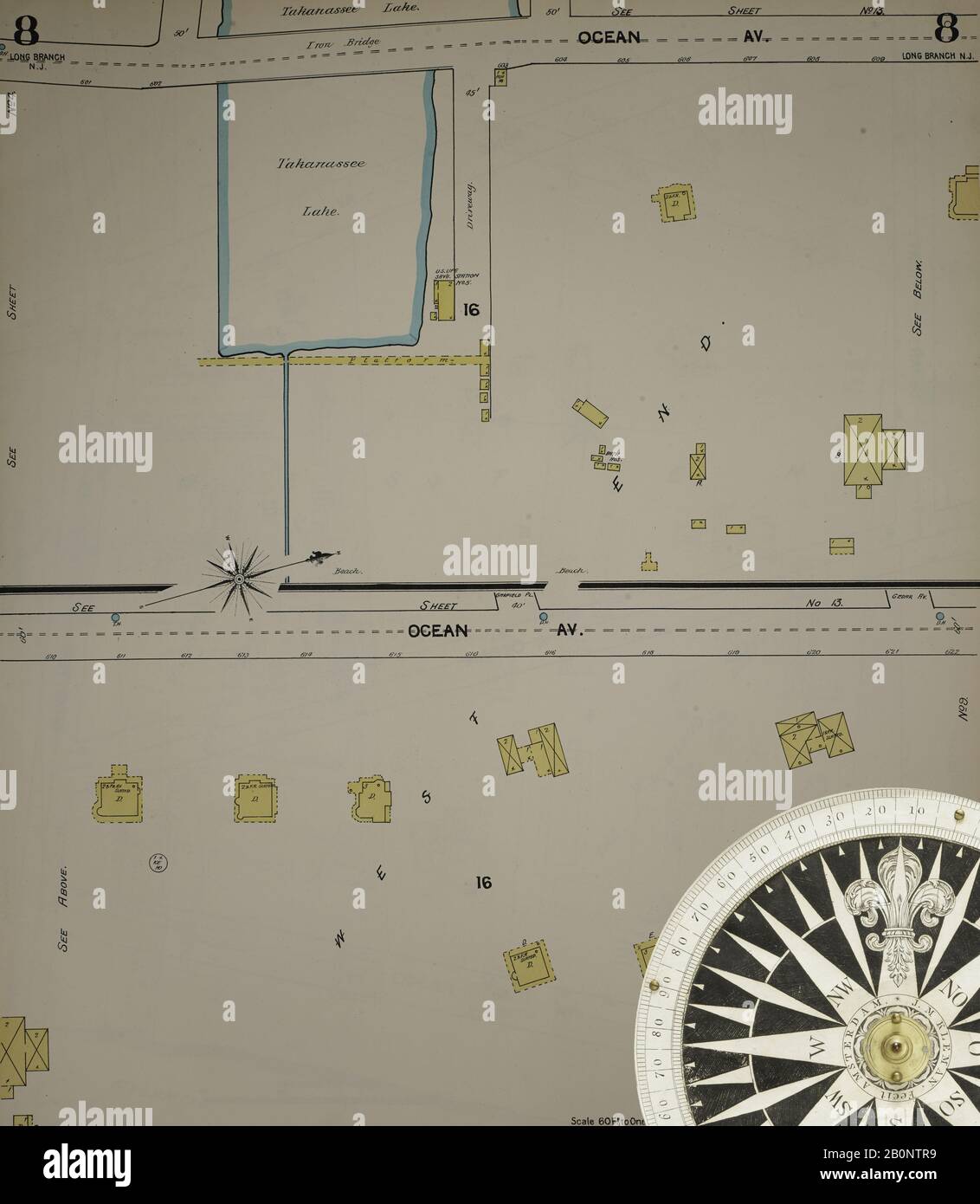 Immagine 10 Della Mappa Sanborn Fire Insurance Dal New Jersey Coast, New Jersey Coast, New Jersey. 1890 Vol. 1. 56 fogli. Include Atlantic Highlands, Seaside, Navesink-Highlands, Highland Beach, Sea Bright, Monmouth Beach, North Long Branch, Long Branch. Bound, America, mappa stradale con una bussola Del Xix Secolo Foto Stock