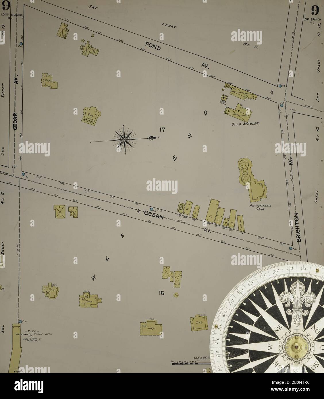 Immagine 11 Della Mappa Sanborn Fire Insurance Dal New Jersey Coast, New Jersey Coast, New Jersey. 1890 Vol. 1. 56 fogli. Include Atlantic Highlands, Seaside, Navesink-Highlands, Highland Beach, Sea Bright, Monmouth Beach, North Long Branch, Long Branch. Bound, America, mappa stradale con una bussola Del Xix Secolo Foto Stock
