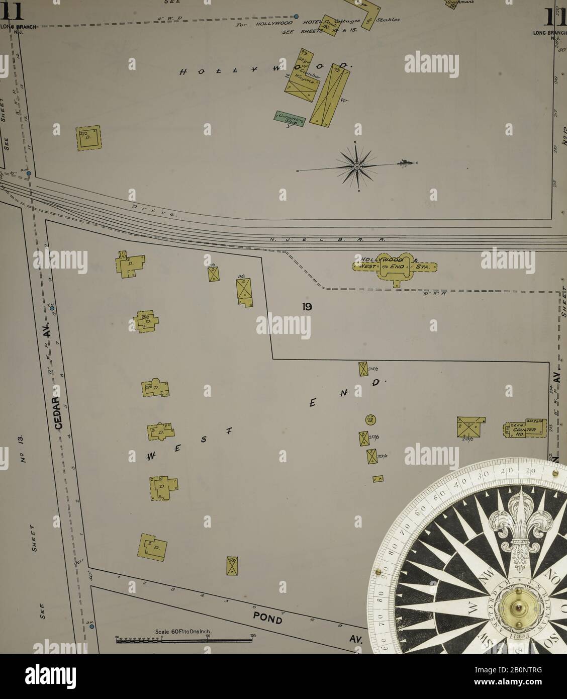 Immagine 13 Della Mappa Sanborn Fire Insurance Dal New Jersey Coast, New Jersey Coast, New Jersey. 1890 Vol. 1. 56 fogli. Include Atlantic Highlands, Seaside, Navesink-Highlands, Highland Beach, Sea Bright, Monmouth Beach, North Long Branch, Long Branch. Bound, America, mappa stradale con una bussola Del Xix Secolo Foto Stock