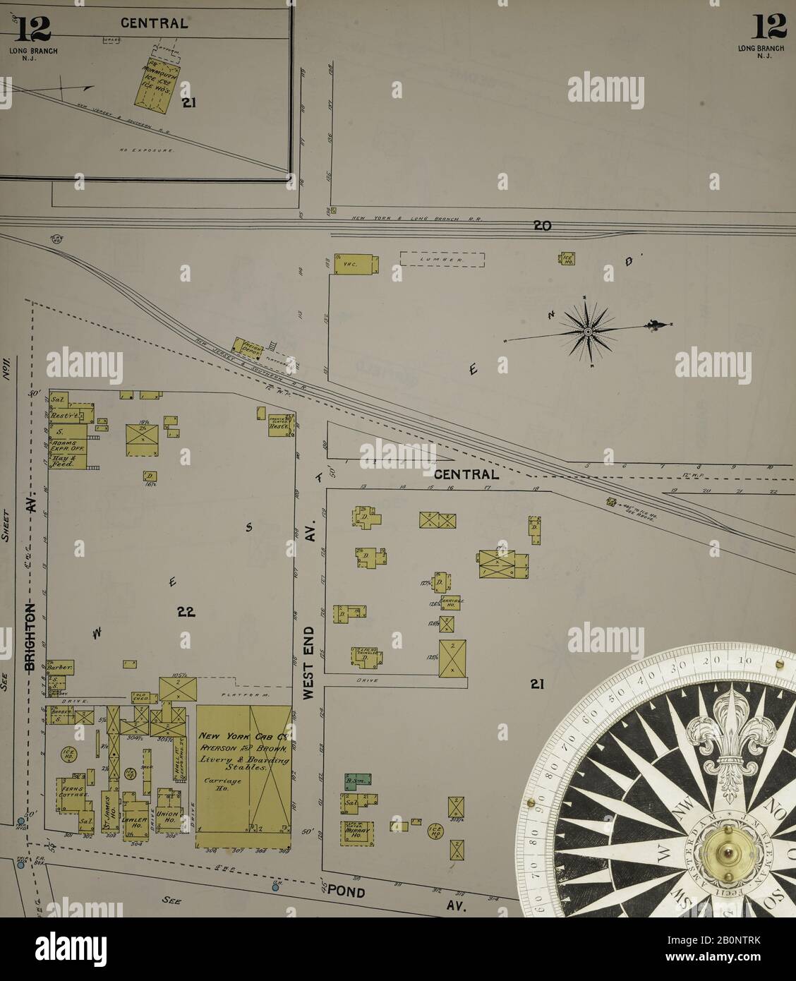 Immagine 14 Della Mappa Sanborn Fire Insurance Dal New Jersey Coast, New Jersey Coast, New Jersey. 1890 Vol. 1. 56 fogli. Include Atlantic Highlands, Seaside, Navesink-Highlands, Highland Beach, Sea Bright, Monmouth Beach, North Long Branch, Long Branch. Bound, America, mappa stradale con una bussola Del Xix Secolo Foto Stock