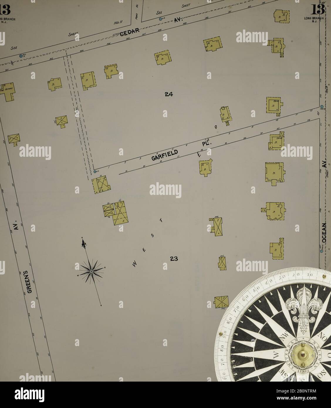 Immagine 15 Della Mappa Sanborn Fire Insurance Dal New Jersey Coast, New Jersey Coast, New Jersey. 1890 Vol. 1. 56 fogli. Include Atlantic Highlands, Seaside, Navesink-Highlands, Highland Beach, Sea Bright, Monmouth Beach, North Long Branch, Long Branch. Bound, America, mappa stradale con una bussola Del Xix Secolo Foto Stock