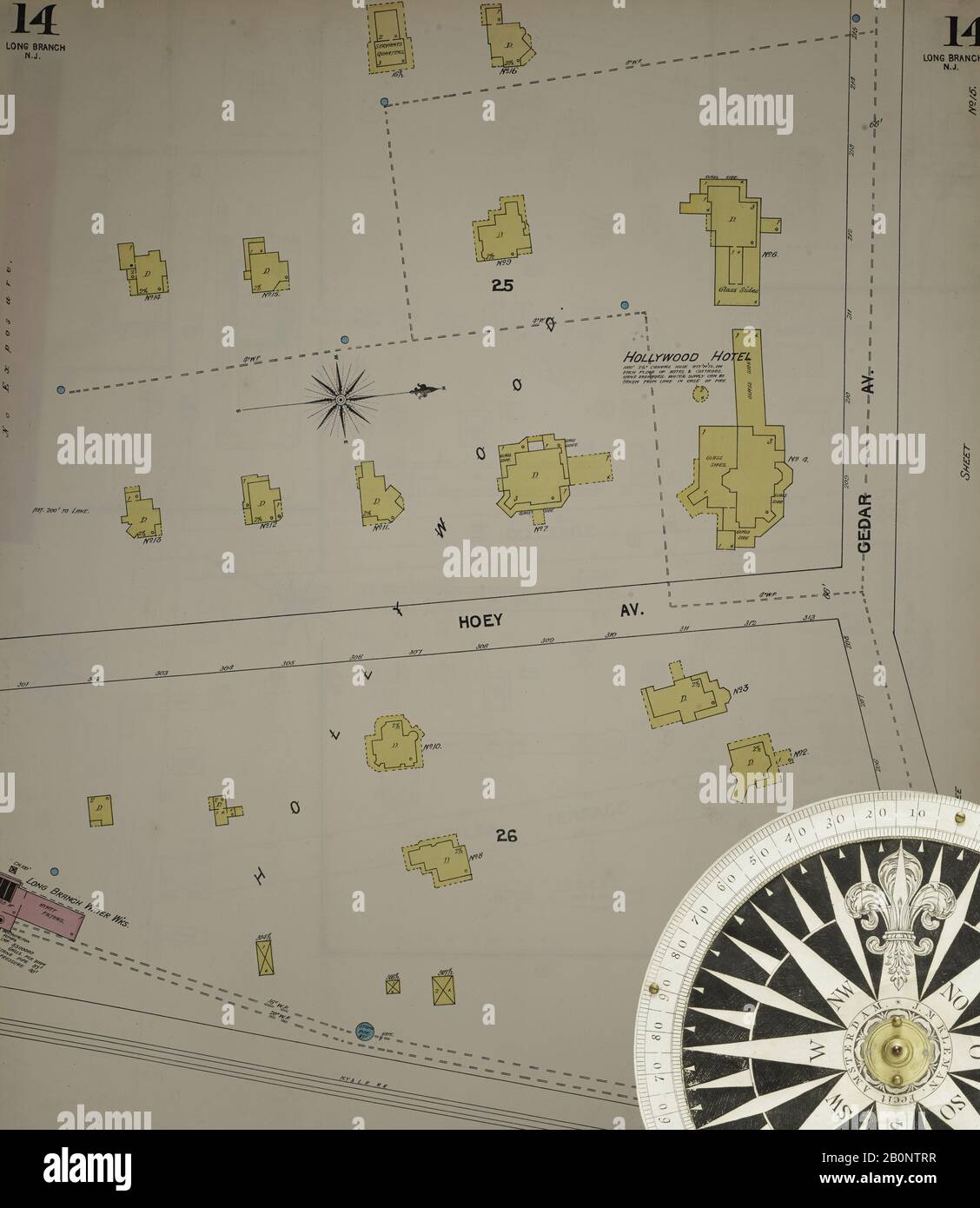 Immagine 16 Della Mappa Sanborn Fire Insurance Dal New Jersey Coast, New Jersey Coast, New Jersey. 1890 Vol. 1. 56 fogli. Include Atlantic Highlands, Seaside, Navesink-Highlands, Highland Beach, Sea Bright, Monmouth Beach, North Long Branch, Long Branch. Bound, America, mappa stradale con una bussola Del Xix Secolo Foto Stock