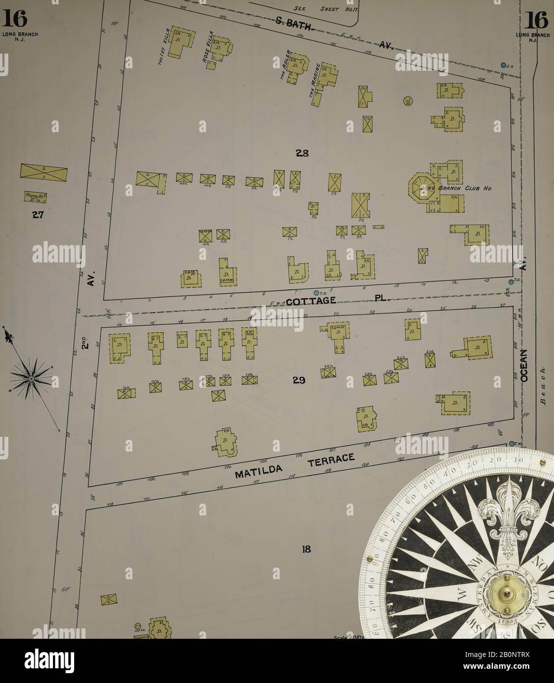 Immagine 18 Della Mappa Sanborn Fire Insurance Dal New Jersey Coast, New Jersey Coast, New Jersey. 1890 Vol. 1. 56 fogli. Include Atlantic Highlands, Seaside, Navesink-Highlands, Highland Beach, Sea Bright, Monmouth Beach, North Long Branch, Long Branch. Bound, America, mappa stradale con una bussola Del Xix Secolo Foto Stock